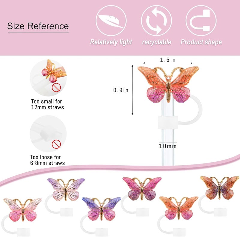 SEMATA 6PCS Cute Butterfly Straw Cover Cap for Stanley Cup Accessories,Bling Straw Toppers for Stanley Tumbler 40&30 oz,Reusable Straws Tips Protectors Compatible with 10mm Straws (Fuchsia) - Image 2